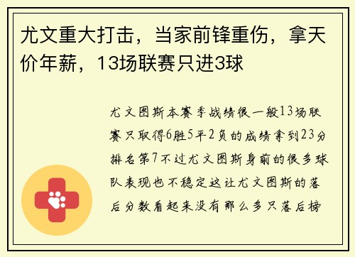 尤文重大打击，当家前锋重伤，拿天价年薪，13场联赛只进3球